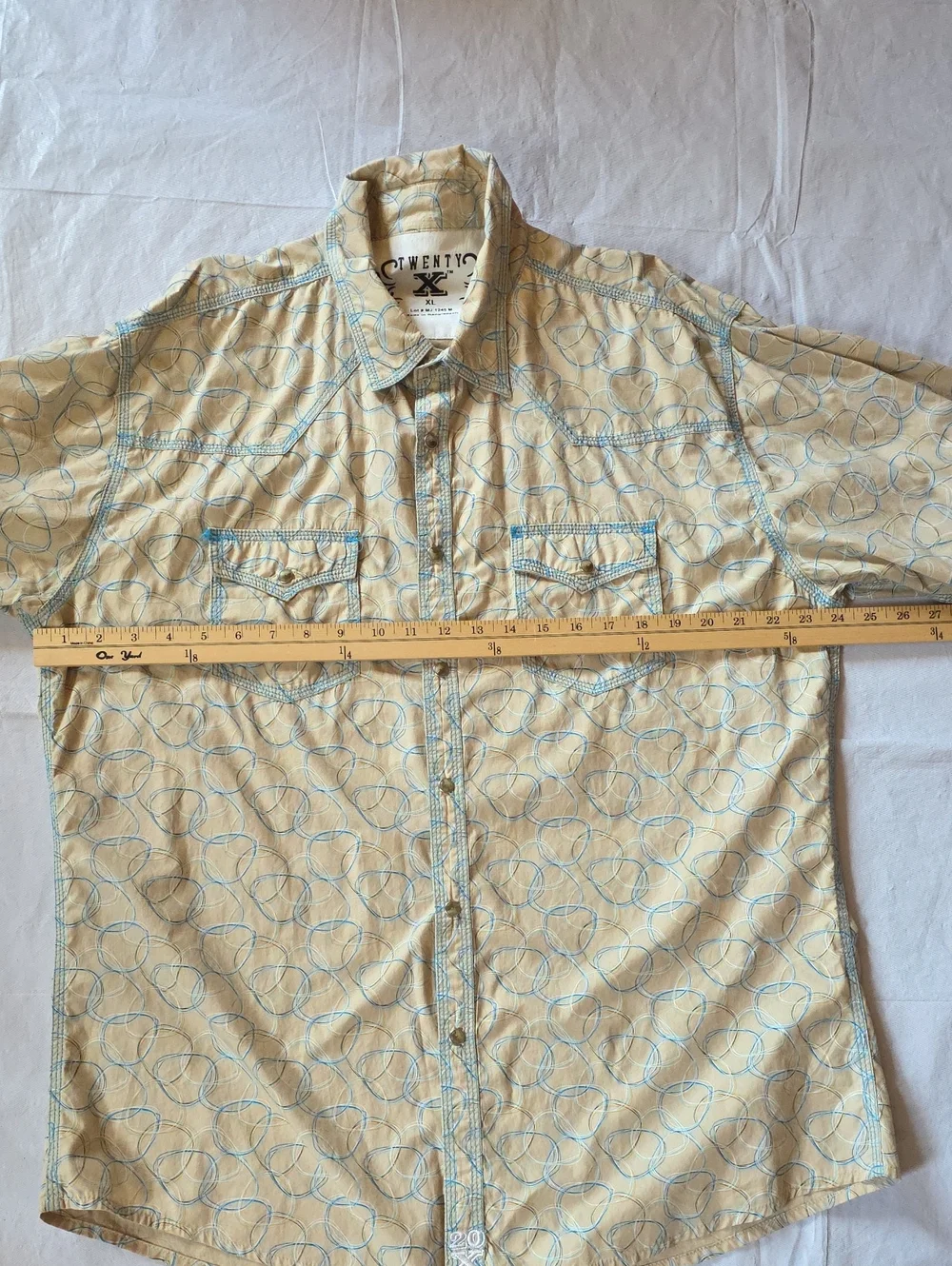 Twenty X Men's Beige Button-Up Shirt Blue Circular Print Pearl‎ Snaps Western XL